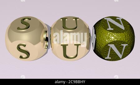 Kreuzworträtsel der Sonne angeordnet durch kubische Buchstaben auf einem Spiegelboden, Konzept Bedeutung und Präsentation. Hintergrund und Illustration. 3D-Illustration Stockfoto