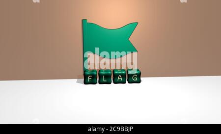 3D-Darstellung der FLAGGE mit Symbol an der Wand und Text angeordnet durch metallische kubische Buchstaben auf einem Spiegelboden für Konzept Bedeutung und Diashow-Präsentation. Illustration und Hintergrund Stockfoto