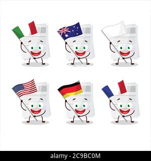 Essay Papier Zeichentrickfigur bringen die Flaggen der verschiedenen Länder Stock Vektor