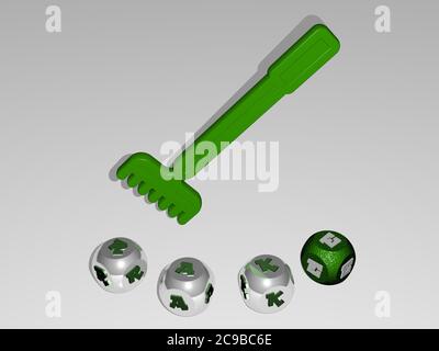 3D-Illustration von RAKE-Grafiken und Text rund um das Symbol durch metallische Würfel Buchstaben für die damit verbundenen Bedeutungen des Konzepts und Präsentationen gemacht. Garten und Landwirtschaft Stockfoto