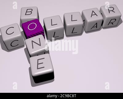 Kreuzworträtsel von Kleidung Schmuck: Kragen Knochen angeordnet durch kubische Buchstaben auf einem Spiegelboden, Konzept Bedeutung und Präsentation. Business und Hintergrund. 3D-Illustration Stockfoto