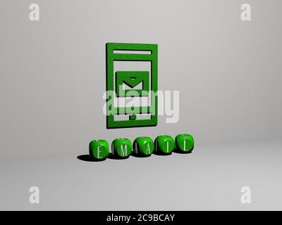 3D-Darstellung von E-Mail mit Symbol an der Wand und Text angeordnet durch metallische kubische Buchstaben auf einem Spiegelboden für Konzept Bedeutung und Diashow-Präsentation. Illustration und Business Stockfoto