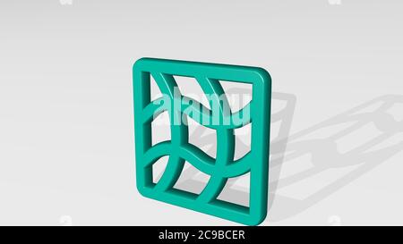 PERSPEKTIVISCHE GITTER stehen mit Schatten. 3D-Illustration von Metallic-Skulptur auf weißem Hintergrund mit milder Textur. Abstrakt und Design Stockfoto