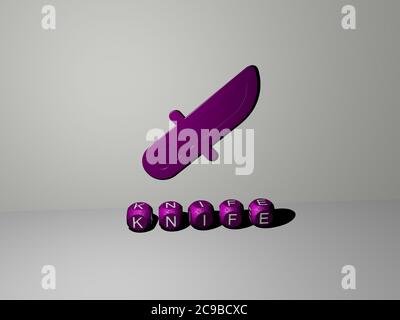 3D-Illustration von MESSER-Grafiken und Text von metallischen Würfel Buchstaben für die damit verbundenen Bedeutungen des Konzepts und Präsentationen. Hintergrund und Gabel Stockfoto