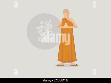 Vektor-Illustration des buddhistischen Mönchs trägt Safran Robe beten mit Handflächen zusammen und stehen vor dem Zen-Kreis Symbol. Chinesisches Zeichen oder Stock Vektor