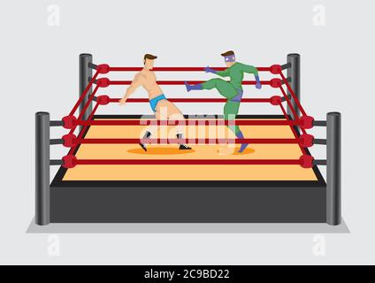 Entertainment Wrestler in grünem Kostüm und Maske liefert einen hohen Kick für Gegner. Vektor-Illustration über Wrestling Sport Unterhaltung indust Stock Vektor