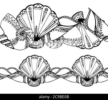 Nahtlose Borde mit Muschelschalen verziert Boho-Muster. Vektor-Element für Ihre Kreativität Stock Vektor