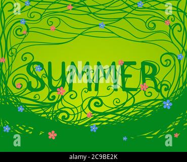 Inschrift Sommer mit Wirbeln und Blumen. Vektorgrafik für Ihre Kreativität Stock Vektor