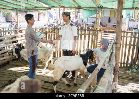 muslimische Menschen schütteln Hand mit Landwirt nach dem Kauf einer Ziege. idul adha Opferfest Stockfoto