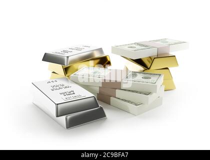 Wert von Gold, Silber und Währung, Hauptakteure der Weltwirtschaft. Analyse und Strategie im Finanzgeschäft. Economy-Konzept in 3D-Darstellung Stockfoto