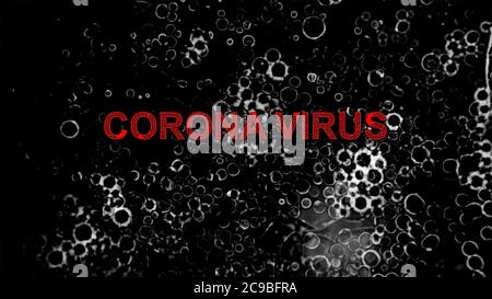 Titel „Corona Virus“ „Covid-19“ Wörter mit Virusbakterien-Effekt auf dunkelgrauem Hintergrund. Stockfoto