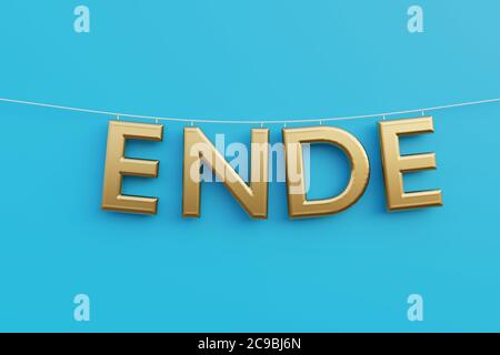 ende bedeutet Ende auf blauem Hintergrund, 3D-Illustration, cgi Render Stockfoto
