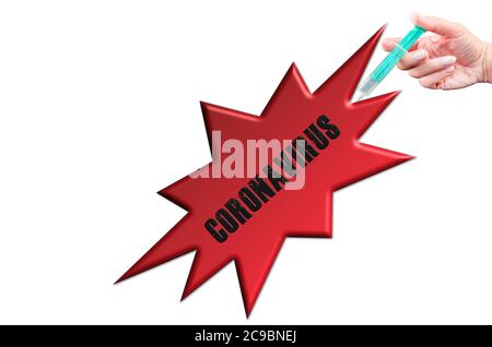 Neuartige Coronavirus-Krankheit 2019-nCoV auf rotem Stern geschrieben mit der Hand, die eine Spritze vor weißem Hintergrund hält Stockfoto