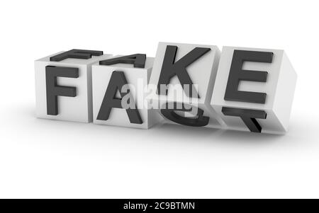 Würfel mit Buchstaben umkehren und die Wörter ändern sich von TATSACHE zu FÄLSCHUNG. 3d-Rendering Stockfoto