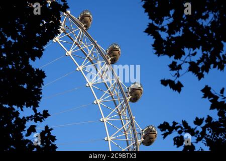 Ein Blick auf das London Eye, das am 1. August wieder für die Öffentlichkeit zugänglich sein wird. Stockfoto