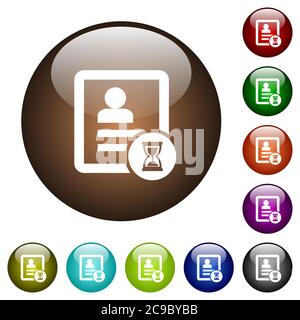 Kontaktverarbeitung weiße Symbole auf runden farbigen Glasschaltflächen Stock Vektor