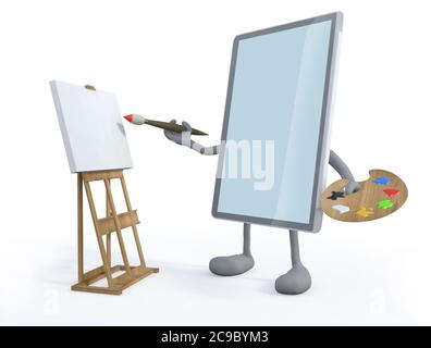 Tablett mit Arm und Beine Maler mit Pinsel und Staffelei, 3d-Illustration Stockfoto