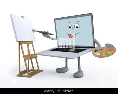 Notizbuch mit Arm und Beinen Maler mit Pinsel und Staffelei, 3d-Illustration Stockfoto