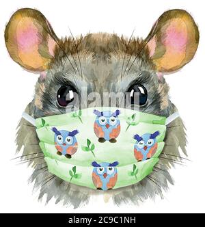 Niedliche Ratte in Schutzmaske für T-Shirt Grafiken. Aquarell Ratte Illustration Stockfoto