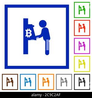 Bitcoin Geldautomat flache Farbe Symbole in quadratischen Rahmen auf weißem Hintergrund Stock Vektor