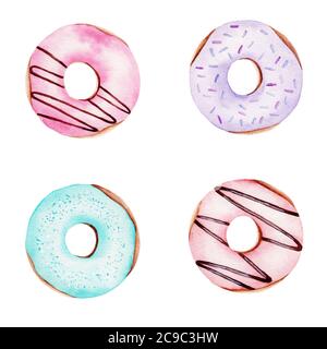 Donuts Hand gezeichnet Aquarell Cliparts isoliert in weiß. Süßes Dessert Essen Illustration Set. Stockfoto