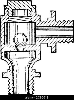 Rückdruckventil, ein Ventil, das verwendet wird, um den Rückdruck in einem Dampfkolbenmotor zu halten, Vintage-Linienzeichnung oder Gravurdarstellung. Stock Vektor