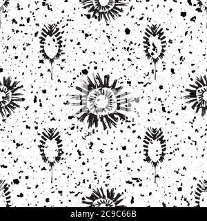 Vektor ethnischen und Tribal Motive nahtlose Muster Hintergrund. Stark strukturierter schwarzer und weißer Hintergrund mit Sonnensymbolen und Federn im Grunge-Stil Stock Vektor