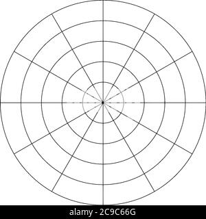 Ein Polardiagramm mit 5 konzentrischen Kreisen, die Radius zeigen und in Abschnitte von 30 Grad (nicht beschriftet) unterteilt sind, Vintage-Linienzeichnung oder Gravur i Stock Vektor