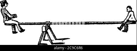 Zwei Personen, die auf einem schmalen Brett sitzen, das von einem einzigen Drehpunkt gestützt wird. Eine Seite des Brettes ist größer in der Länge als andere aus dem Pivot-Punkt, Vin Stock Vektor