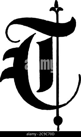 Eine typische Darstellung des Buchstabens, 'Capital-T', alter englischer Titeltext. Das Alphabet ist dekoriert und wird in einer stilvollen Form dargestellt, vintage l Stock Vektor
