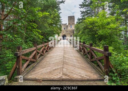 Ruinen der Burg Strecno aus Holzbrücke, Slowakei Stockfoto