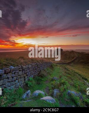 sonnenaufgang im Sommer von Cuddy's Crags on Hadrian's Wall im Northumberland National Park, Northumberland, England, Großbritannien Stockfoto