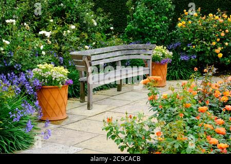 Terrasse mit Holzbank und Terrakotta-Blumentöpfen - John Gollop Stockfoto