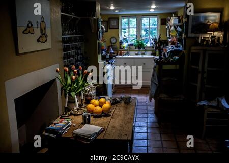 Einheimische Küche, Tulpen und Orangen, Holzküchentisch, Inneneinrichtung, gewöhnliches, richtiges Zuhause. Stockfoto