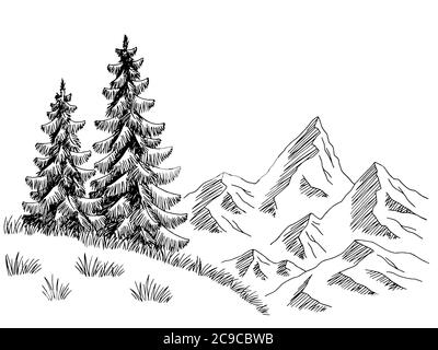 Berge Hügel Grafik schwarz weiß Landschaft Skizze Illustration Vektor Stock Vektor