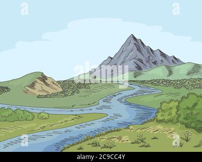 Mountain River Grafik Farbe Landschaft Skizze Illustration Vektor Stock Vektor
