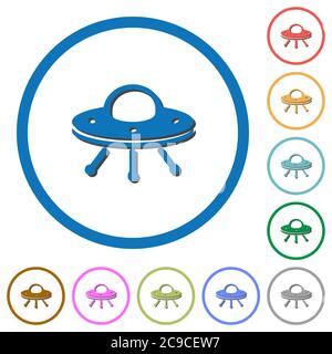 UFO flache Farbe Vektor-Symbole mit Schatten in runden Umrissen auf weißem Hintergrund Stock Vektor