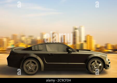 3D-Rendering eines Sportwagens, der vor der Skyline von New York City raste. Stockfoto