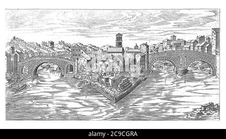 Tiberinsel in Rom, Etienne Duperac, 1575 Blick auf die Tiberinsel zwischen Pons Cestius und Pons Fabricius, Vintage-Gravur. Stockfoto