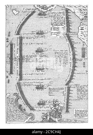 Die Schlacht von Lepanto am 7. Oktober 1571 mit der christlichen Flotte auf der linken und der osmanischen Flotte auf der rechten Seite, Vintage-Gravur. Stockfoto