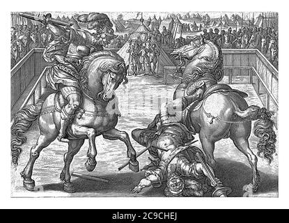 Giovanni de Medici, genannt "dalle Bande Nere" in einem Duell innerhalb einer Arena. Sein Gegner wird tödlich von Giovanni's Lanze aus seinem Sattel getroffen. Soldaten Stockfoto