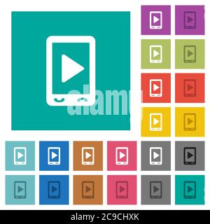 Mobile Wiedergabe Medien mehrfarbige flache Symbole auf einfachen quadratischen Hintergründe. Weiße und dunklere Symbolvarianten für schwebe- oder aktive Effekte. Stock Vektor