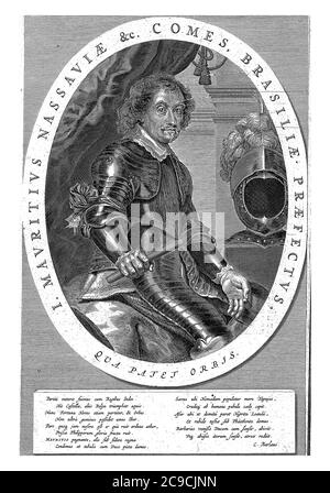 Porträt von John Maurice, Prinz von Nassau-Siegen, 1647, Knie in Rüstung, rechts, Vintage-Gravur. Stockfoto