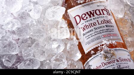 POZNAN, POL - 18. JUN 2020: Bottle of Dewars, eine Marke von Whisky im Besitz von Bacardi, dem weltweit am meisten ausgezeichneten Blended Scotch Stockfoto