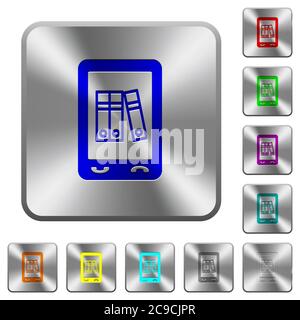 Mobile Office gravierte Symbole auf runden quadratischen glänzenden Stahlknöpfen Stock Vektor