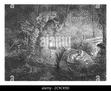 Anbetung der Hirten: Nachtstück, Rembrandt van Rijn, 1807 - 1808, Vintage-Gravur. Stockfoto