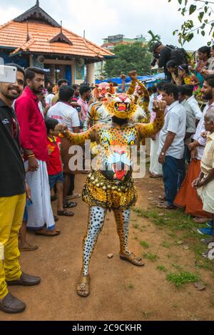 Pulikkali, Pilikali oder Tiger Tanz Performer aus den Straßen von thrissur, kerala, indien während onam Feier Stockfoto