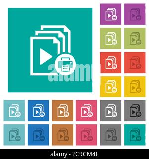 Drucken Sie mehrfarbige flache Playlist-Symbole auf einfachen quadratischen Hintergründen. Weiße und dunklere Symbolvarianten für schwebe- oder aktive Effekte. Stock Vektor
