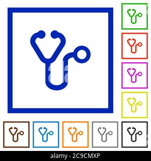 Flache Stethoskop-Farbsymbole in quadratischen Rahmen auf weißem Hintergrund Stock Vektor
