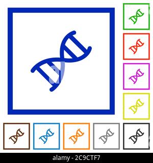 Flache Farbsymbole des DNA-Moleküls in quadratischen Rahmen auf weißem Hintergrund Stock Vektor